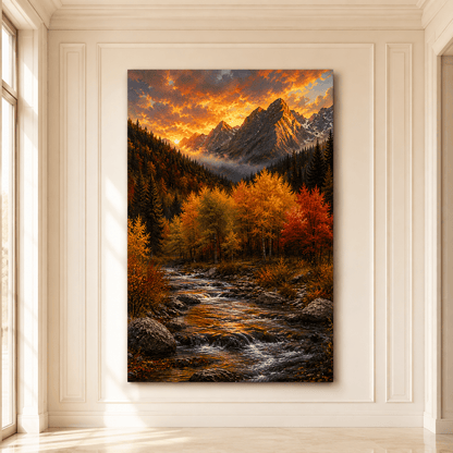 Autumn Mountain Stream Wrapped Canvas Wall Art – Fall Foliage Sunset Landscape Print - ART OF ROYALS
