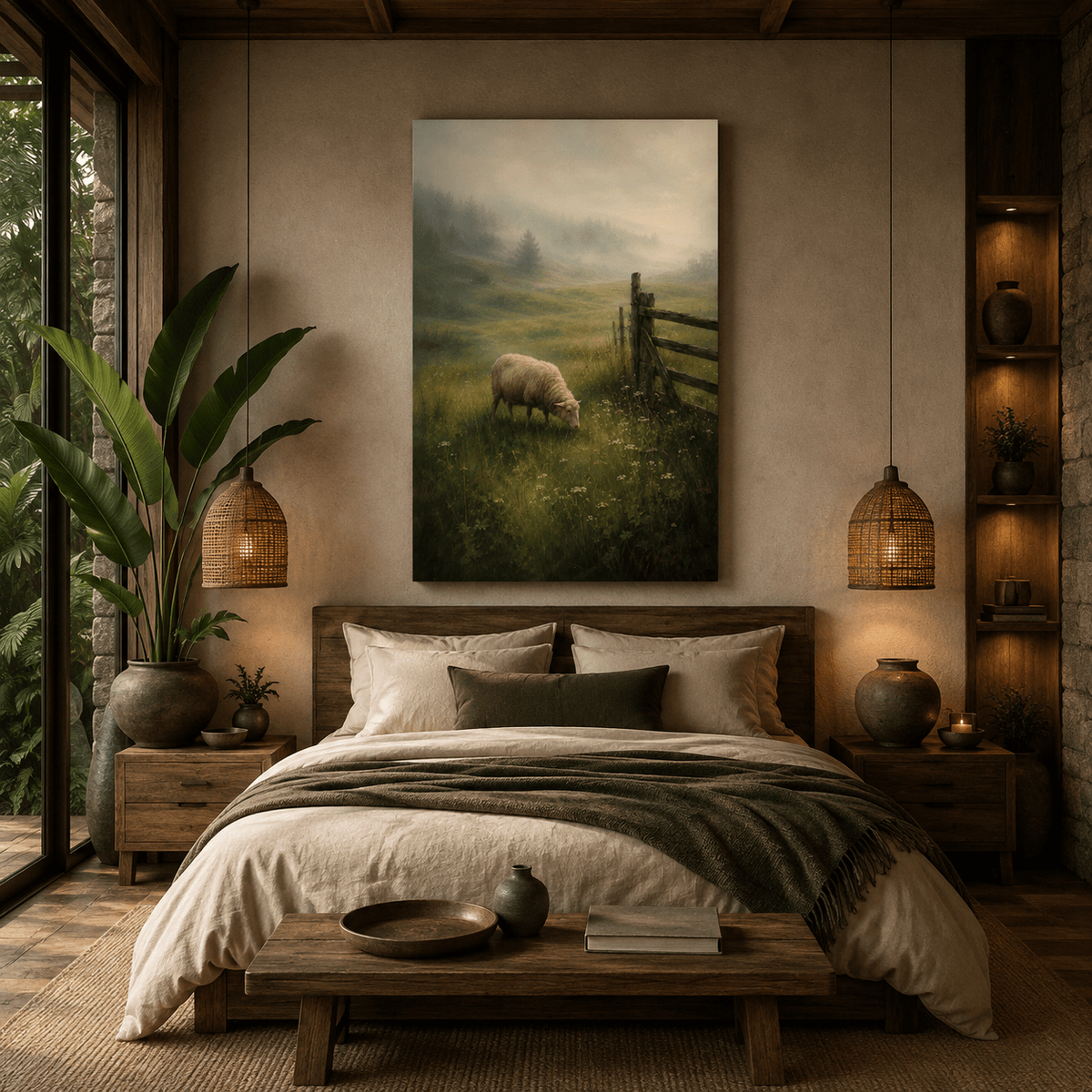 Sheep Grazing in Misty Meadow Wrapped Canvas Wall Art – Rustic Farmhouse Countryside Landscape Print - ART OF ROYALS