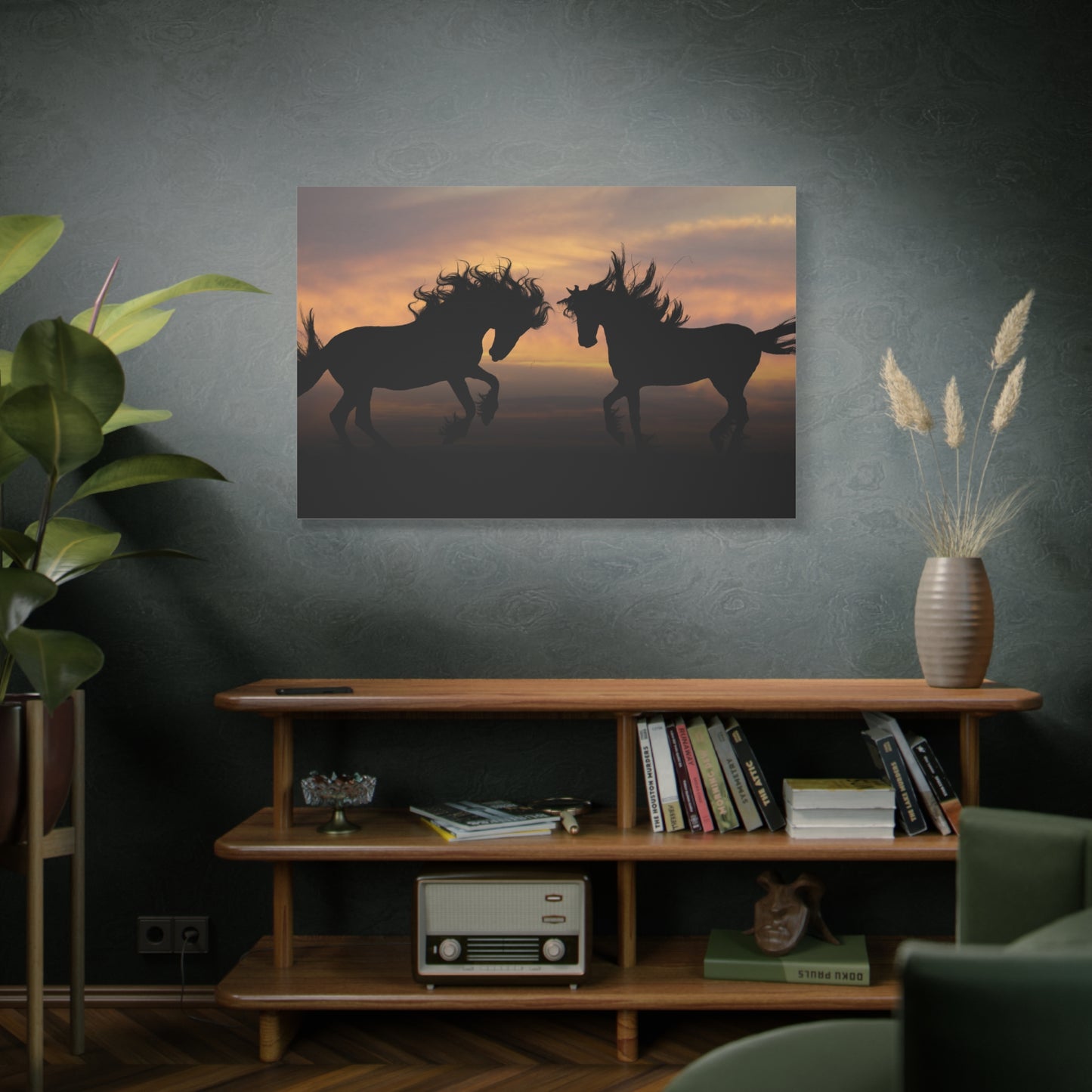 Golden Horizon Horses Canvas Art – Majestic Silhouettes at Dusk