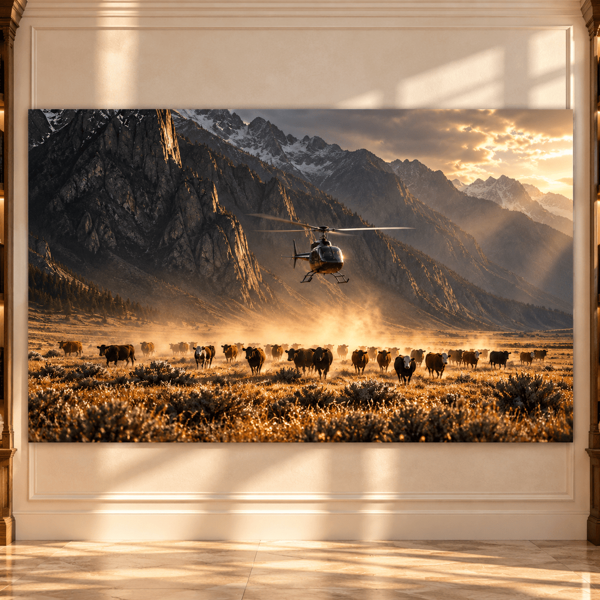 Helicopter Herding Cattle in Mountain Valley Wrapped Canvas Wall Art – Western Ranch Aviation Print - ART OF ROYALS