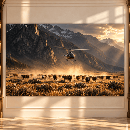 Helicopter Herding Cattle in Mountain Valley Wrapped Canvas Wall Art – Western Ranch Aviation Print - ART OF ROYALS