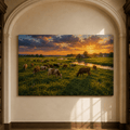 Cattle Grazing at Sunset Wrapped Canvas Wall Art – Rustic Farm Pasture & Barn Landscape Print