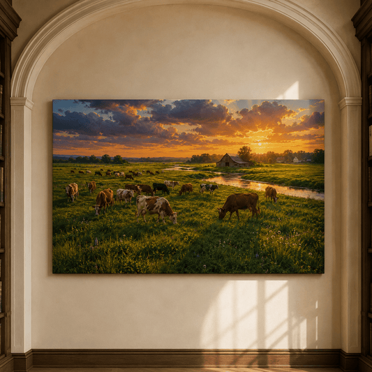 Cattle Grazing at Sunset Wrapped Canvas Wall Art – Rustic Farm Pasture &amp; Barn Landscape Print - ART OF ROYALS