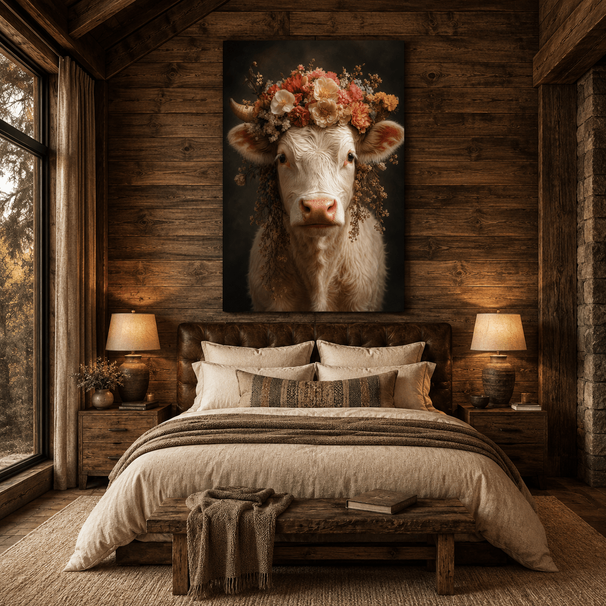 White Cow with Flower Crown Wrapped Canvas Wall Art – Floral Farmhouse Cattle Portrait Print - ART OF ROYALS