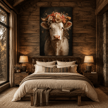 White Cow with Flower Crown Wrapped Canvas Wall Art – Floral Farmhouse Cattle Portrait Print - ART OF ROYALS