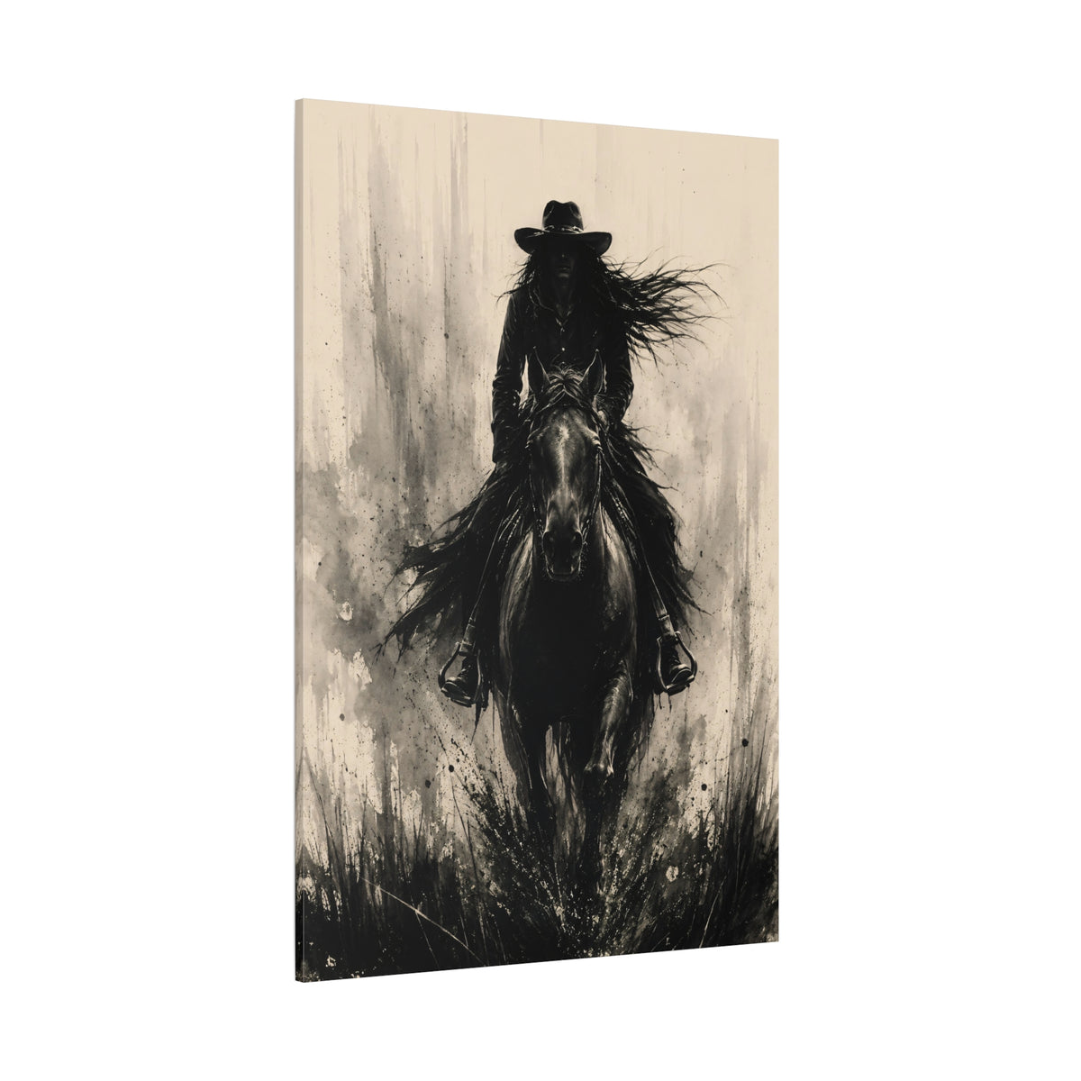 Monochrome Ink Wash Rider Wrapped Canvas Wall Art – Gothic Western Horse Silhouette Print - ART OF ROYALS