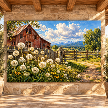 Red Barn & Dandelion Meadow Wrapped Canvas Wall Art – Rustic Mountain Farm Landscape Painting