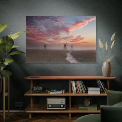 Windmills Over Tranquil River and Field