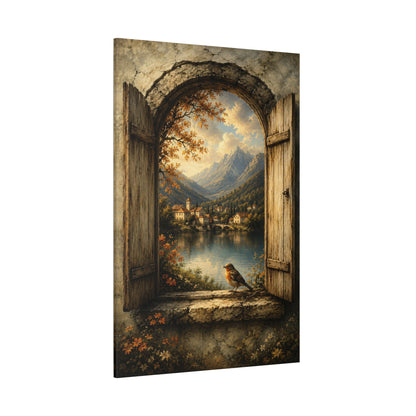 The Open Door – Robin and Mountain Lake Village Canvas Wall Art - ART OF ROYALS