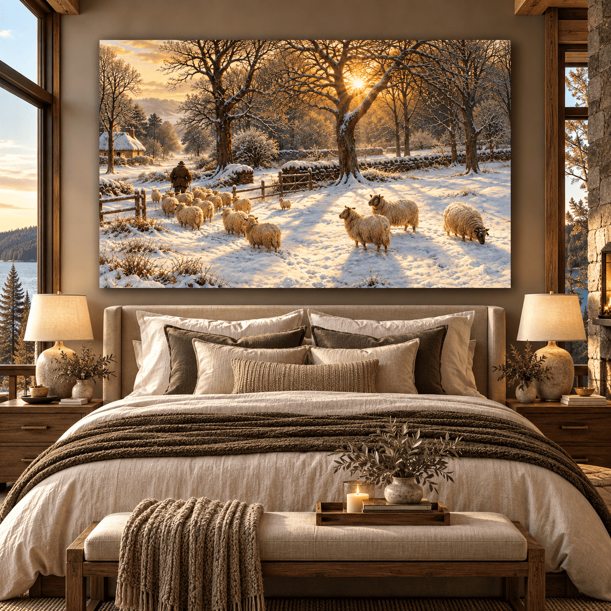 Shepherd with Sheep in Snow Wrapped Canvas Wall Art – Winter Pastoral Farm Landscape - ART OF ROYALS