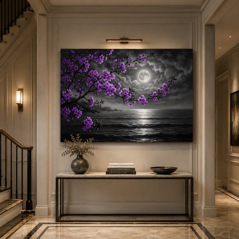 Moonlit ocean landscape canvas wall art with purple blossoms and oil painting inspired detail