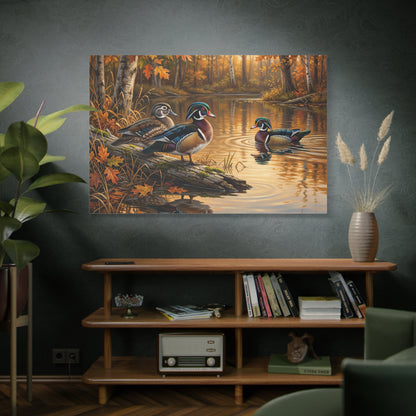 Wood Ducks in Autumn Pond – Serene Nature Wildlife Canvas Wall Art