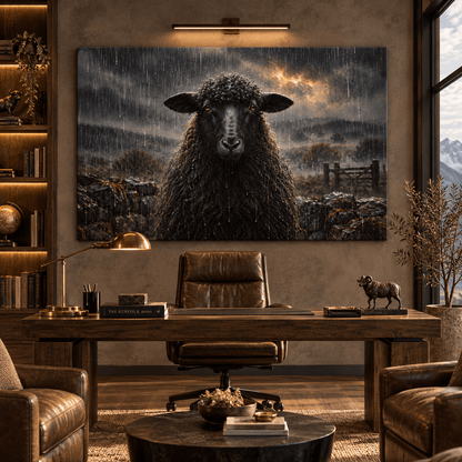 Black Sheep in the Rain Wrapped Canvas Wall Art – Moody Farmhouse Sheep Portrait - ART OF ROYALS