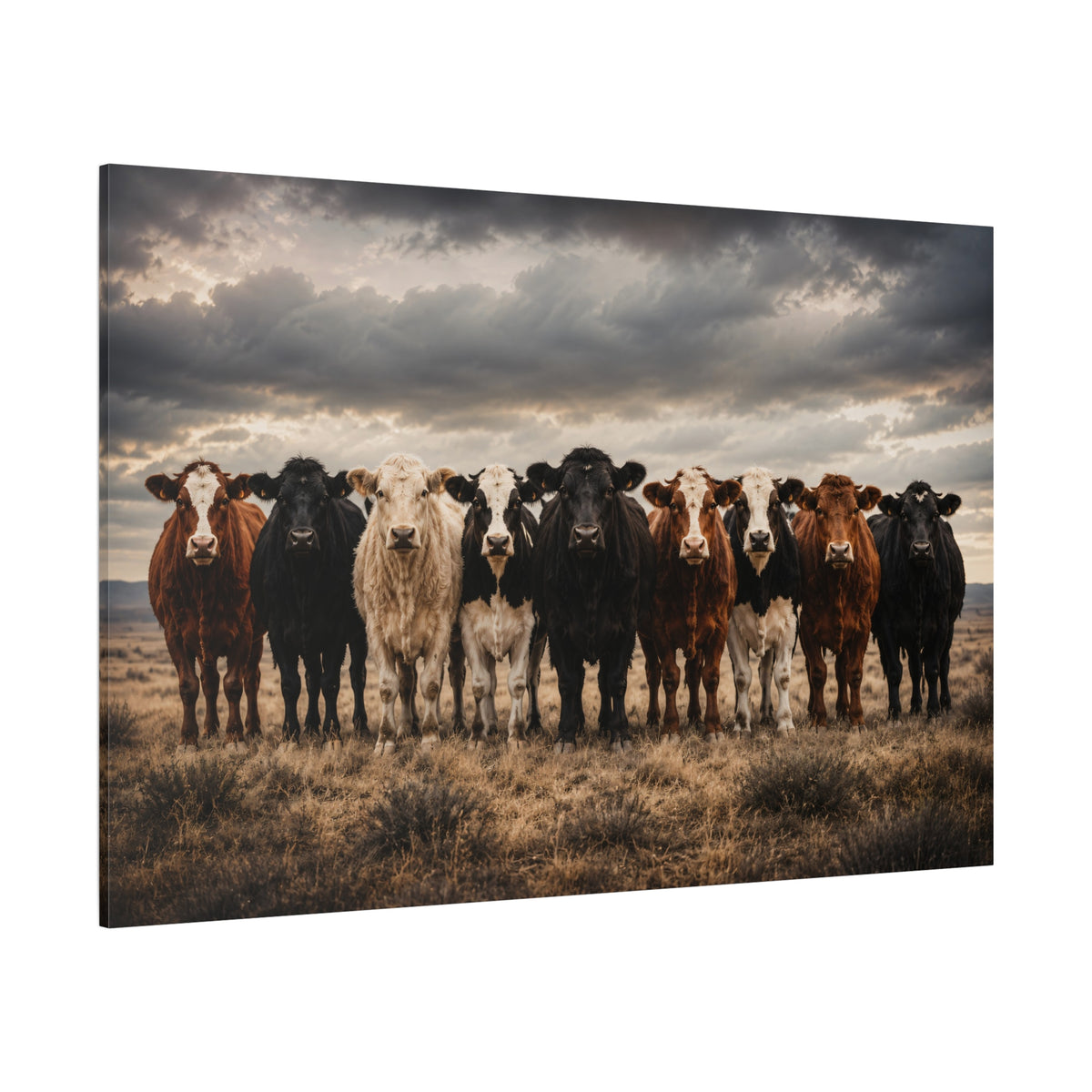 Diverse Cattle Herd Lineup Wrapped Canvas Wall Art – Dramatic Ranch Photography Print - ART OF ROYALS