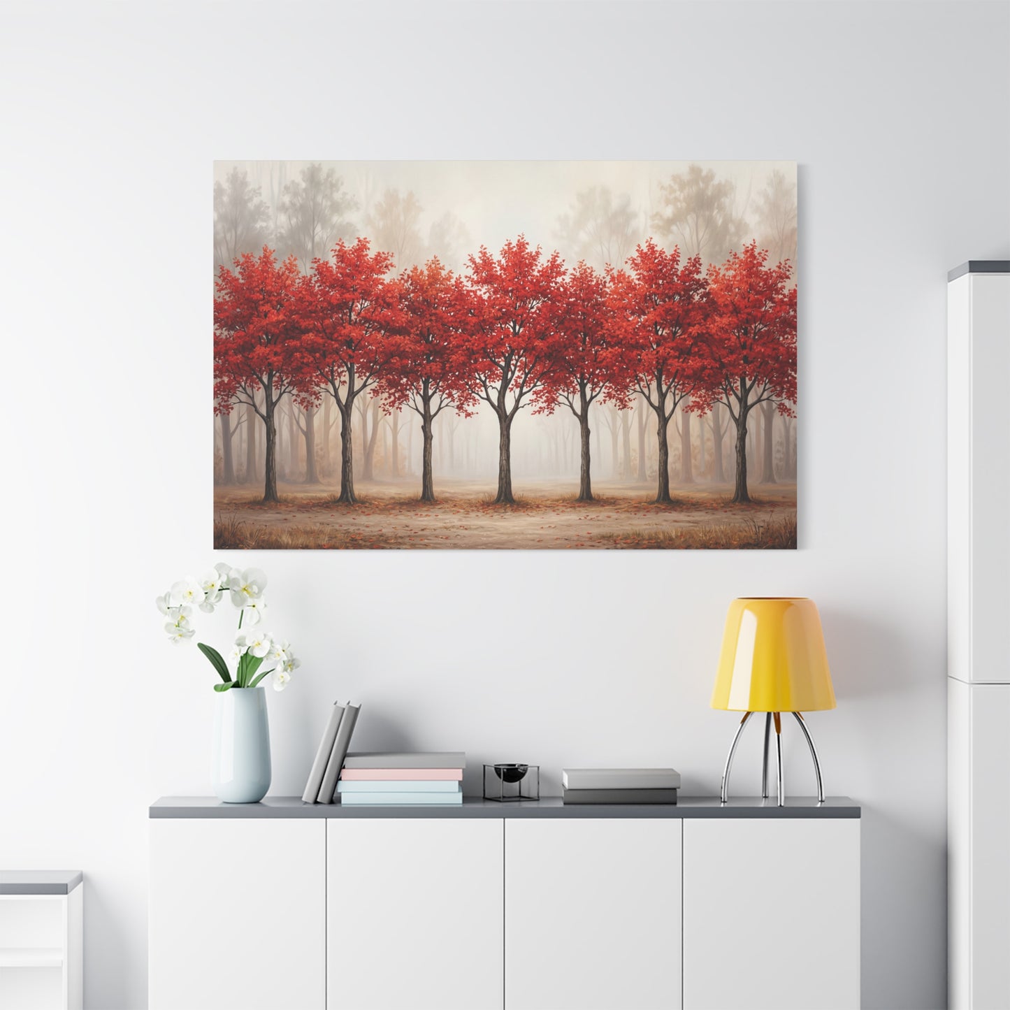 Symmetrical Red Autumn Trees – Minimalist Forest Canvas Wall Art