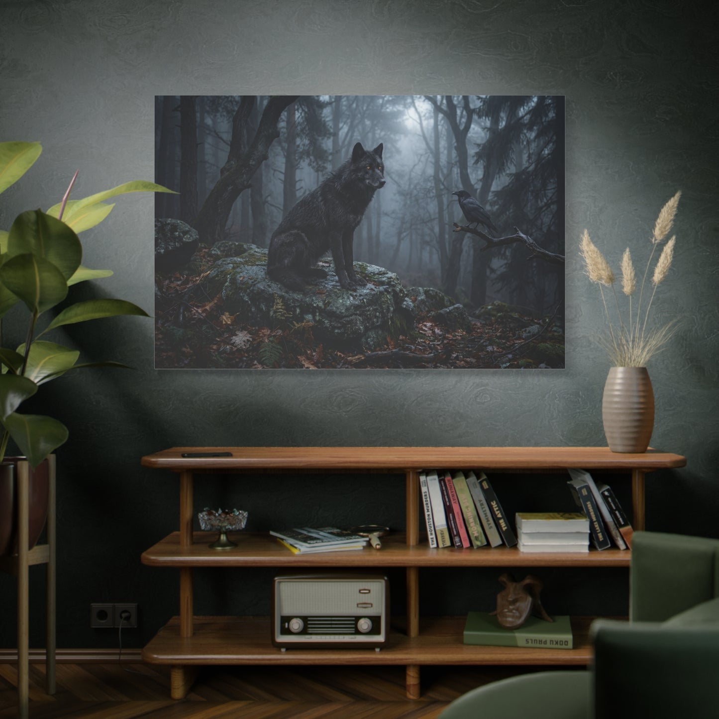 Black Wolf & Raven in Misty Forest – Dark Wilderness Canvas Wall Art