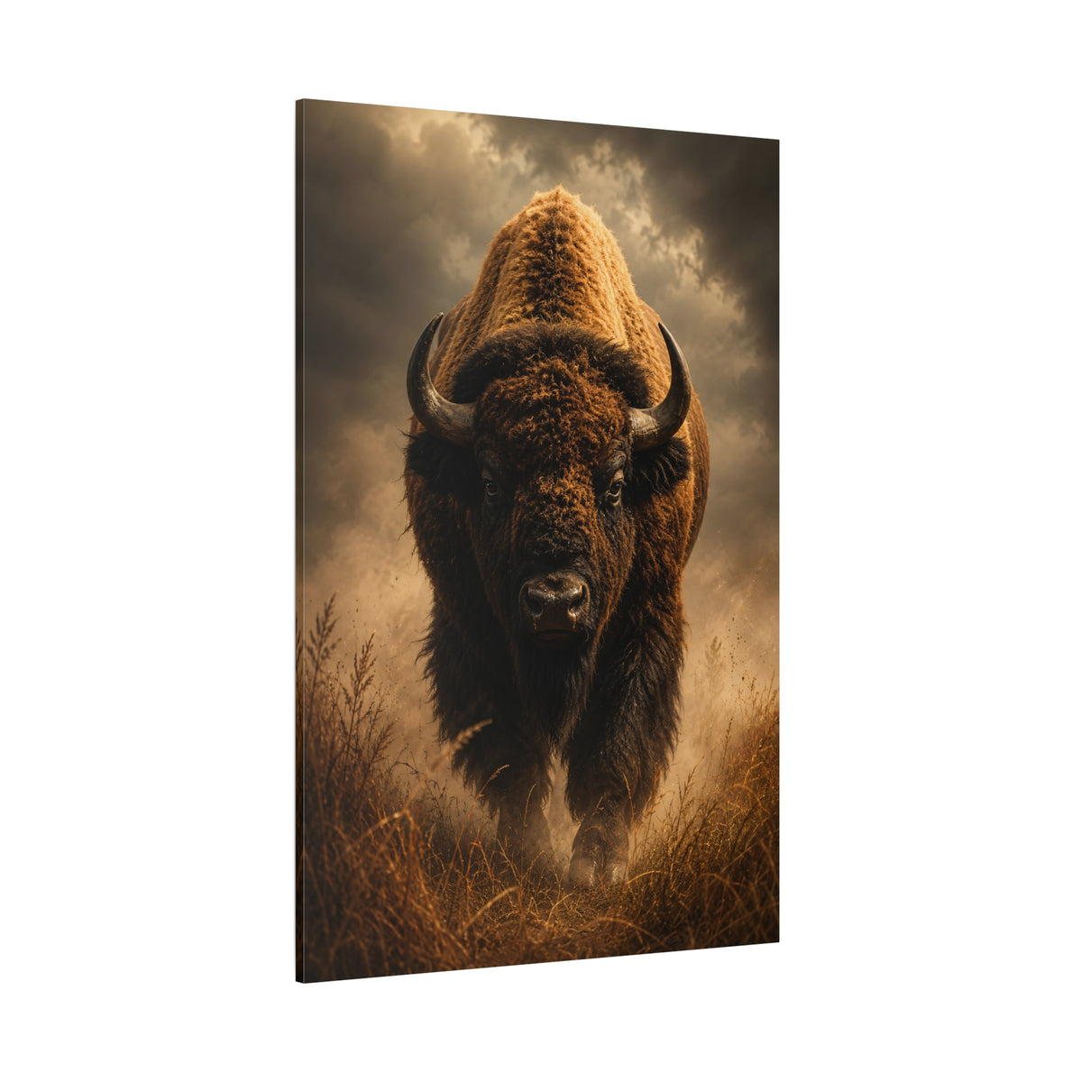 Bison Emerging from Storm Mist Wrapped Canvas Wall Art – Intense Vertical Wildlife Print - ART OF ROYALS