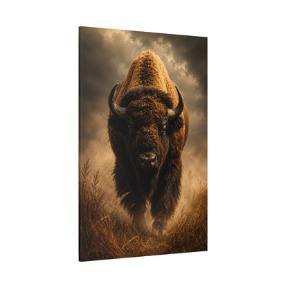 Bison Emerging from Storm Mist Wrapped Canvas Wall Art – Intense Vertical Wildlife Print - ART OF ROYALS