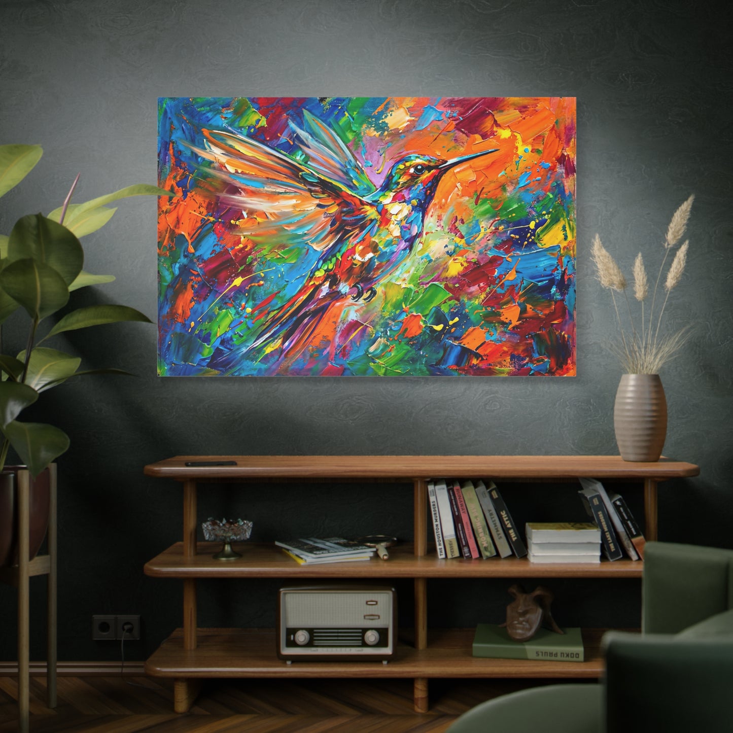 Electric Hummingbird Burst – Abstract Color Splash Canvas Wall Art
