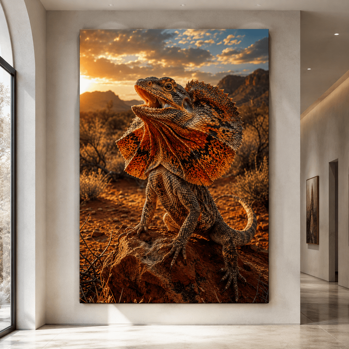 Frilled Lizard at Sunset Wrapped Canvas Wall Art – Orange Frill Desert Reptile Print - ART OF ROYALS