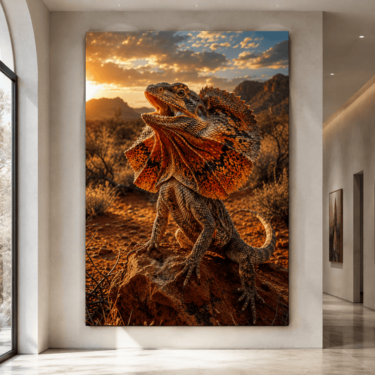 Frilled Lizard at Sunset Wrapped Canvas Wall Art – Orange Frill Desert Reptile Print - ART OF ROYALS