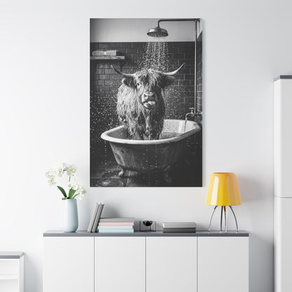 Highland Cow Shower Time – Funny Black & White Bathroom Canvas Wall Art
