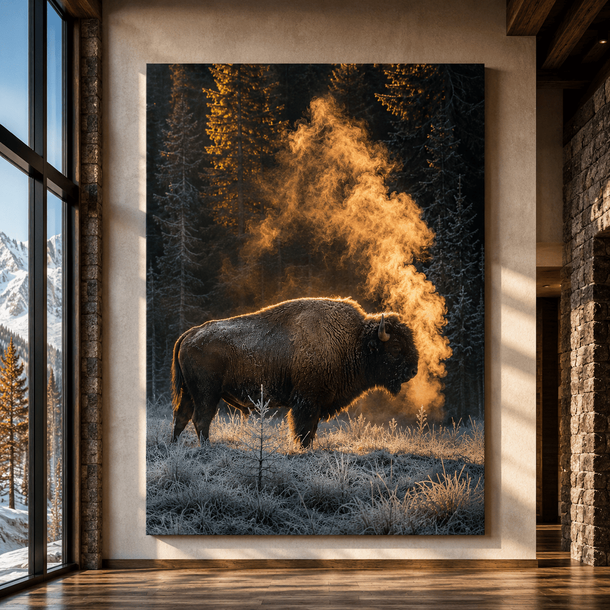 Bison in Frosty Forest Wrapped Canvas Wall Art – Winter Buffalo Wildlife Print - ART OF ROYALS