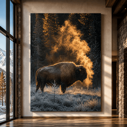 Bison in Frosty Forest Wrapped Canvas Wall Art – Winter Buffalo Wildlife Print - ART OF ROYALS