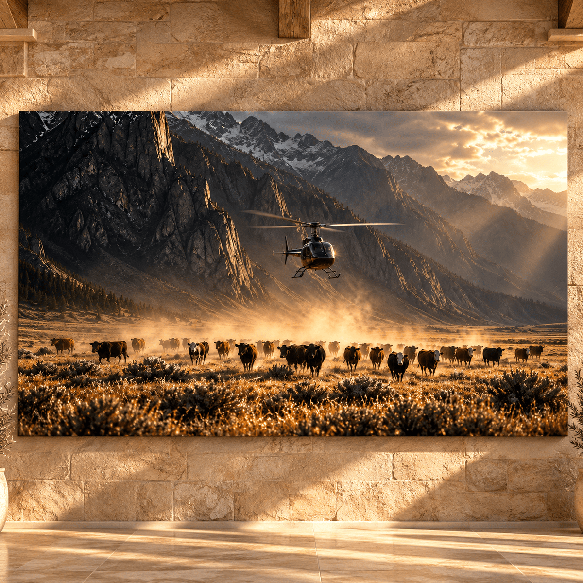 Helicopter Herding Cattle in Mountain Valley Wrapped Canvas Wall Art – Western Ranch Aviation Print - ART OF ROYALS