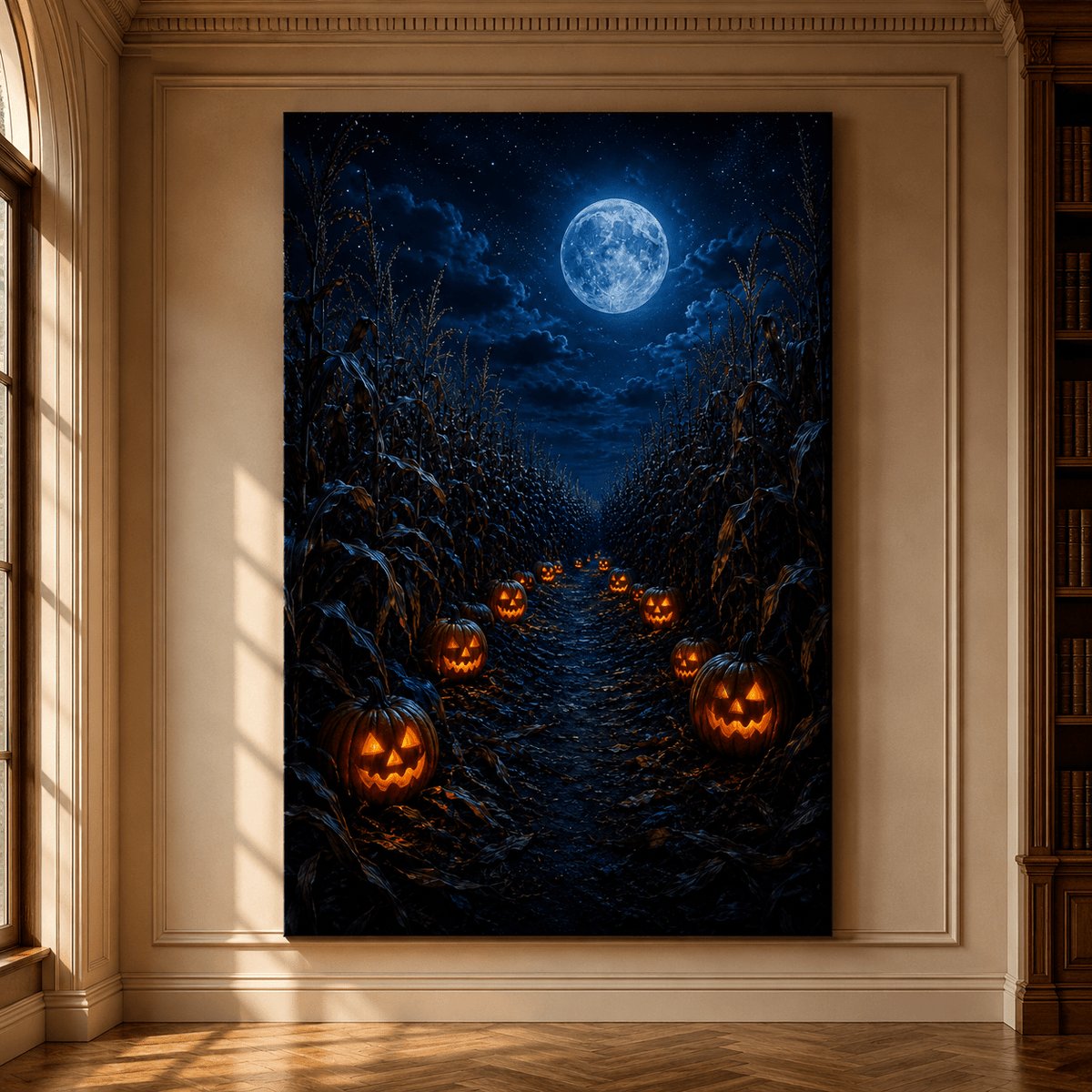 Moonlit Pumpkin Cornfield Wrapped Canvas Wall Art – Halloween Jack-O’-Lantern Farm Path Print - ART OF ROYALS
