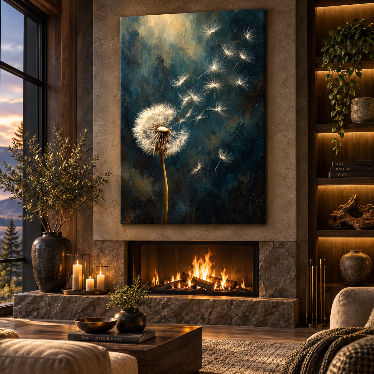 Blowing Dandelion Seeds Wrapped Canvas Wall Art – Moody Teal Botanical Painting