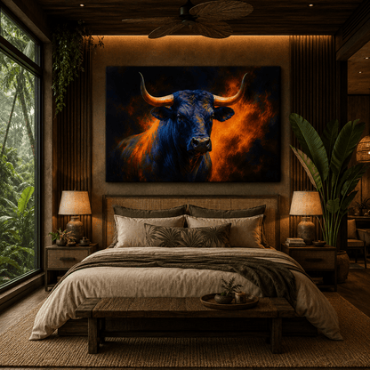 Blue Bull with Golden Horns Wrapped Canvas Wall Art – Dramatic Fire & Western Cattle Print - ART OF ROYALS