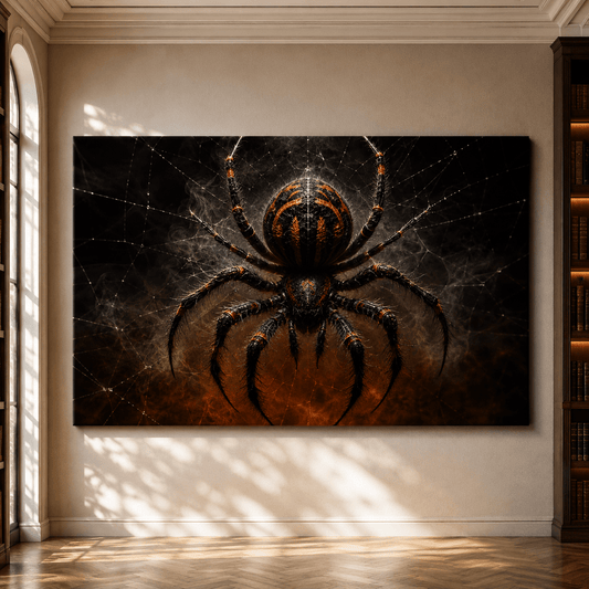 Gothic Orange and Black Spider Wrapped Canvas Wall Art – Hyper-Realistic Arachnid Macro Print - ART OF ROYALS