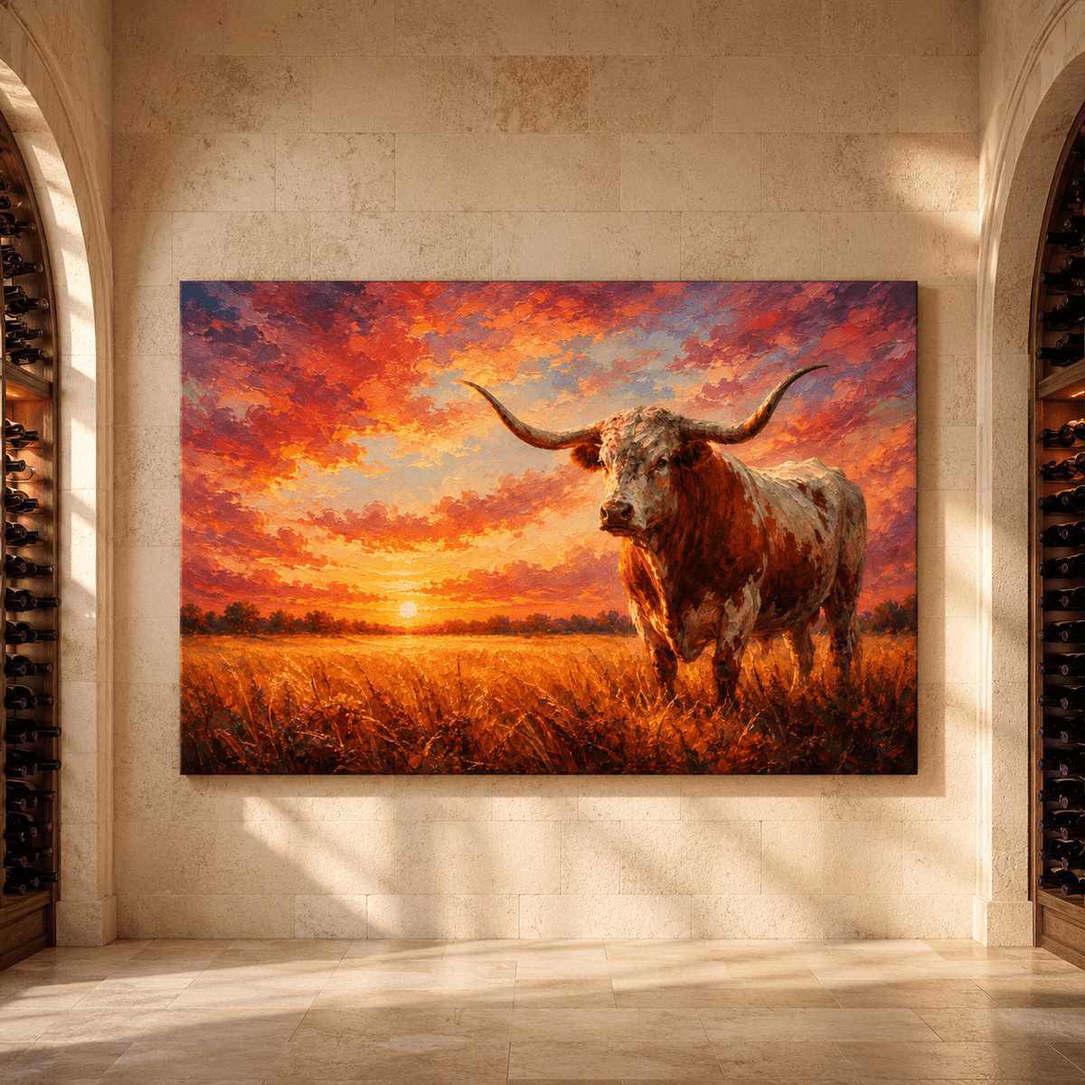 Texas Longhorn Bull at Sunset Wrapped Canvas Wall Art – Colorful Western Ranch Cattle Painting - ART OF ROYALS