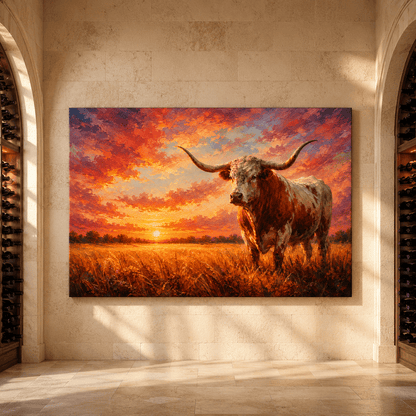 Texas Longhorn Bull at Sunset Wrapped Canvas Wall Art – Colorful Western Ranch Cattle Painting - ART OF ROYALS