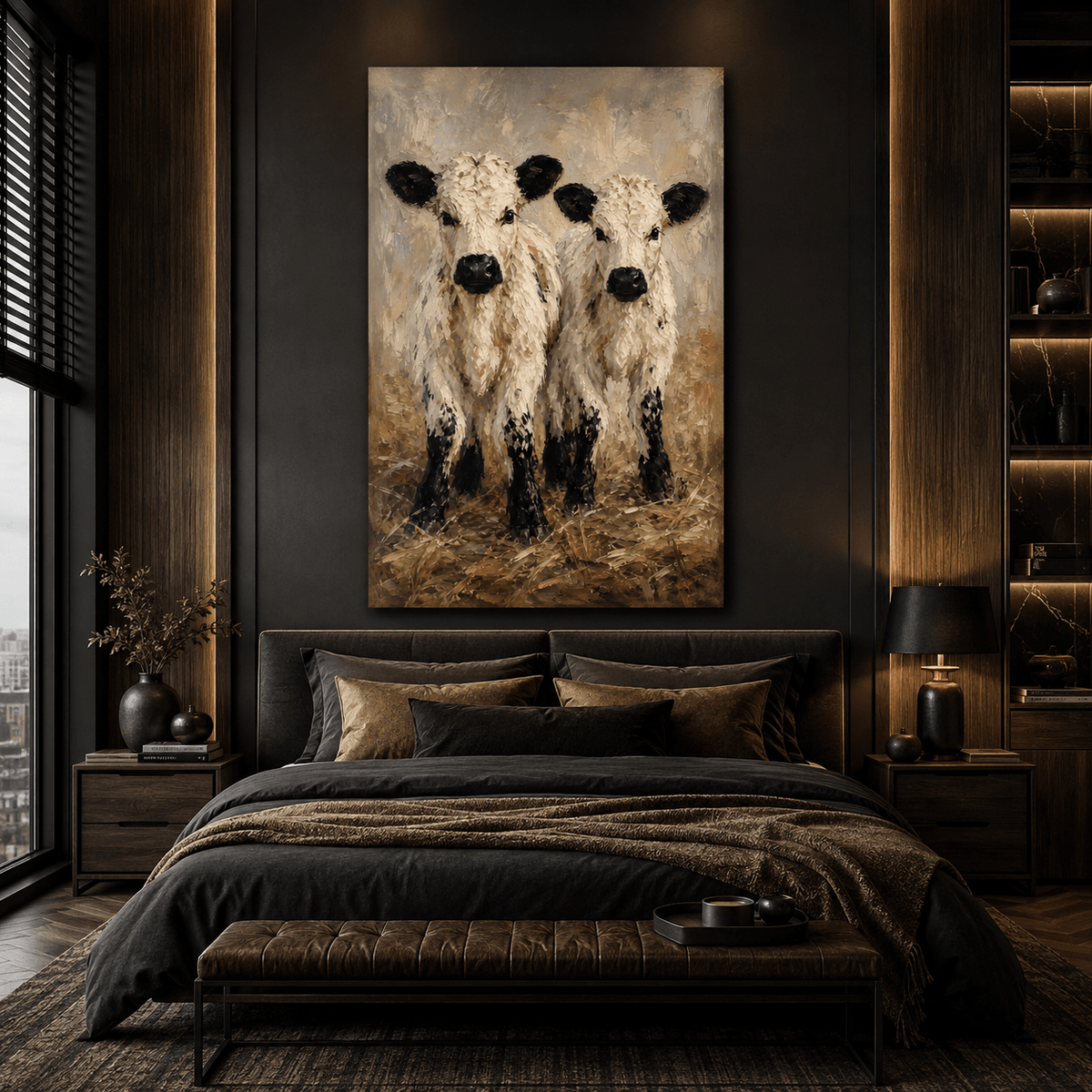 Two White Calves Wrapped Canvas Wall Art – Rustic Farmhouse Baby Cow Painting Print - ART OF ROYALS