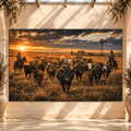 Black Angus Cattle Drive at Sunset Wrapped Canvas Wall Art – Western Cowboys & Ranch Herd Landscape