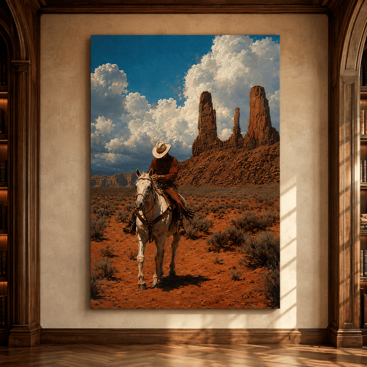 Western Cowboy on White Horse Wrapped Canvas Wall Art – Monument Valley Desert Ranch Painting - ART OF ROYALS