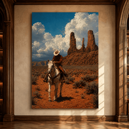 Western Cowboy on White Horse Wrapped Canvas Wall Art – Monument Valley Desert Ranch Painting - ART OF ROYALS