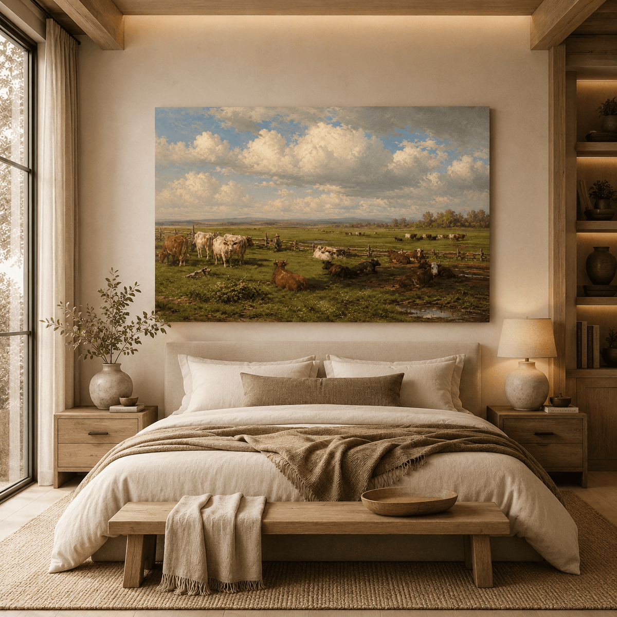 Cattle Herd in Open Pasture Wrapped Canvas Wall Art – Vintage Farm Landscape Cow Print - ART OF ROYALS