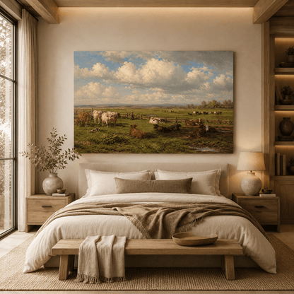 Cattle Herd in Open Pasture Wrapped Canvas Wall Art – Vintage Farm Landscape Cow Print - ART OF ROYALS