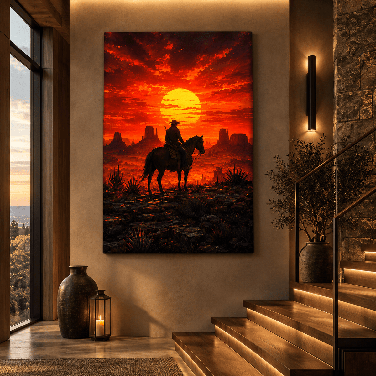 Cowboy at Red Sunset Wrapped Canvas Wall Art – Western Desert Horse Monument Valley Print - ART OF ROYALS