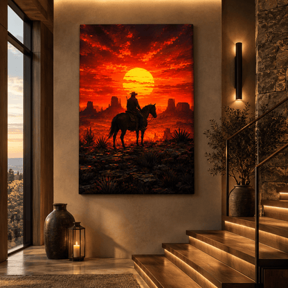 Cowboy at Red Sunset Wrapped Canvas Wall Art – Western Desert Horse Monument Valley Print - ART OF ROYALS