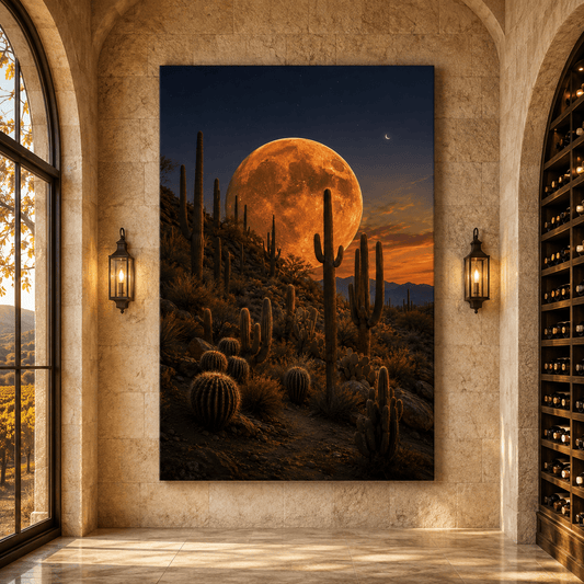 Giant Full Moon Over Desert Cactus Wrapped Canvas Wall Art – Southwest Night Landscape Print - ART OF ROYALS