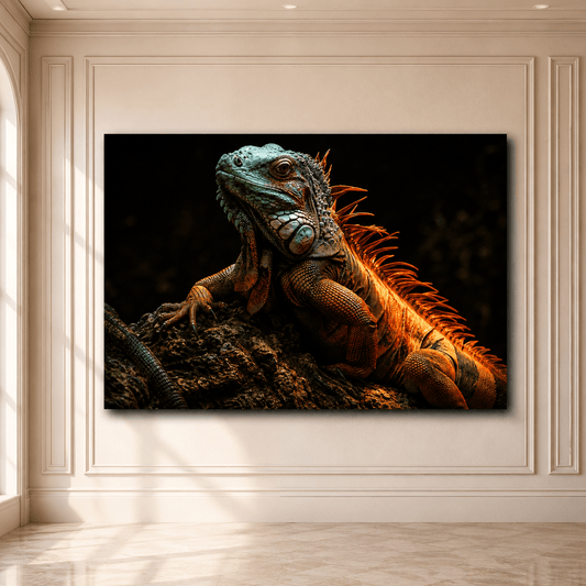 Green and Orange Iguana Wrapped Canvas Wall Art – Exotic Reptile Wildlife Print - ART OF ROYALS