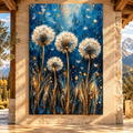 Blue & Gold Dandelion Wrapped Canvas Wall Art – Abstract Botanical Wildflower Painting