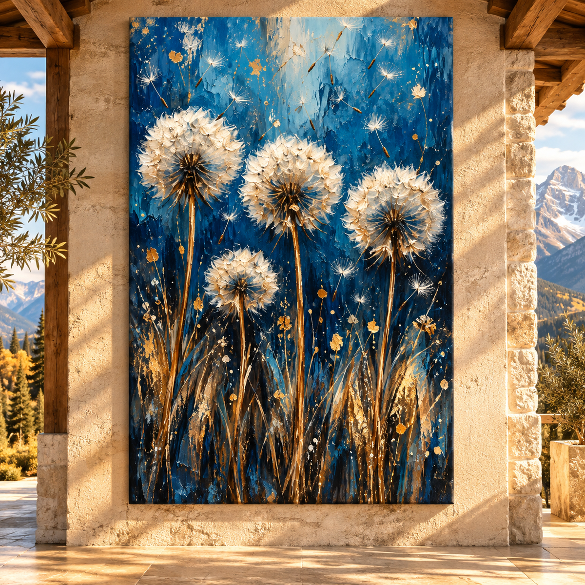 Blue & Gold Dandelion Wrapped Canvas Wall Art – Abstract Botanical Wildflower Painting