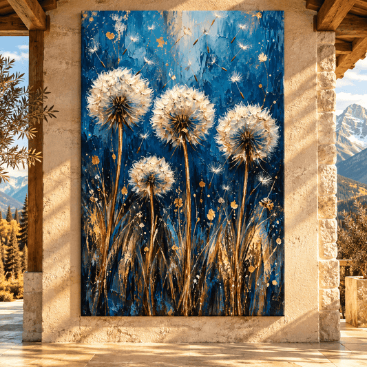 Blue & Gold Dandelion Wrapped Canvas Wall Art – Abstract Botanical Wildflower Painting - ART OF ROYALS
