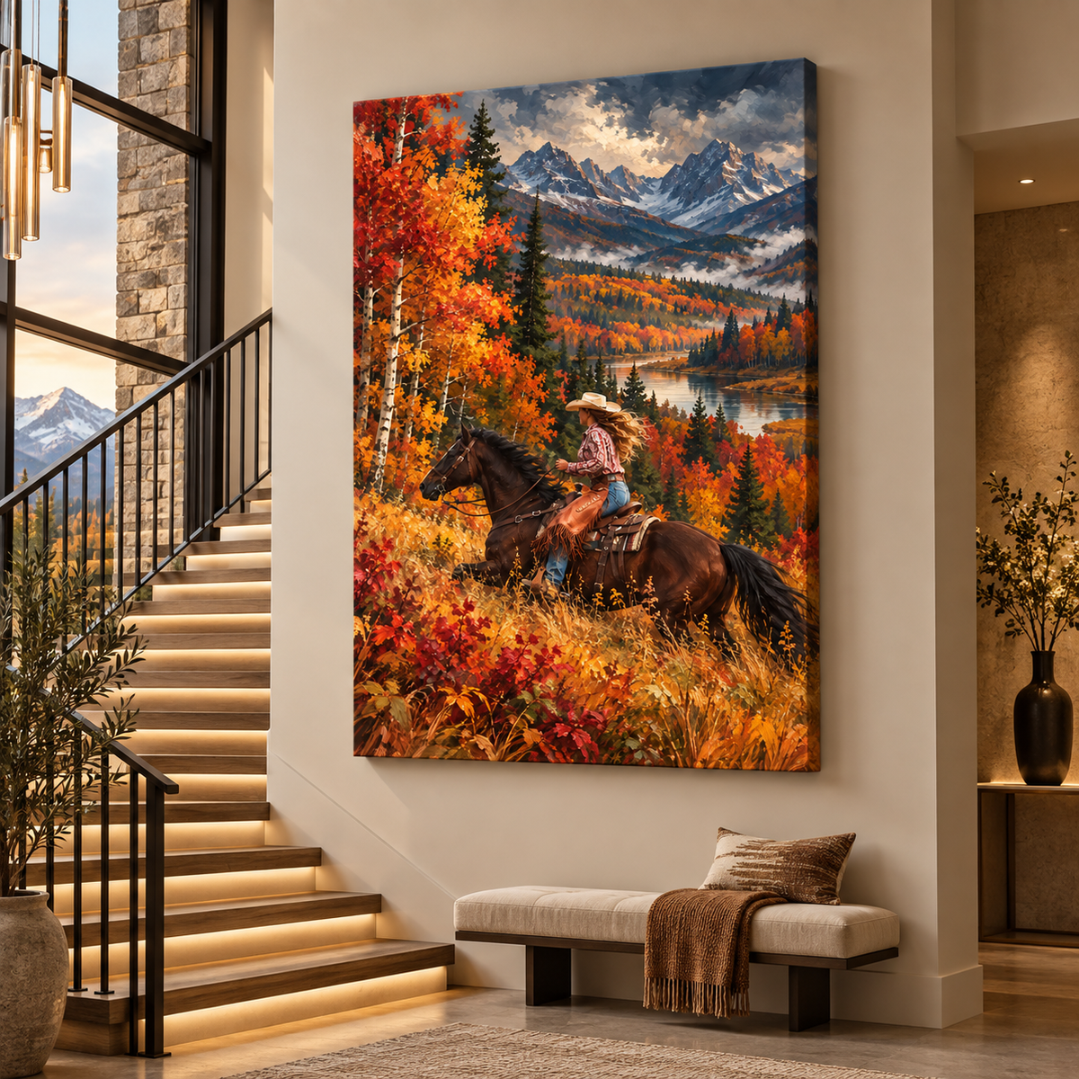 Cowgirl Horseback Riding Wrapped Canvas Wall Art – Autumn Mountain Western Painting
