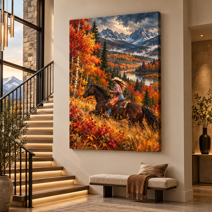 Cowgirl Horseback Riding Wrapped Canvas Wall Art – Autumn Mountain Western Painting